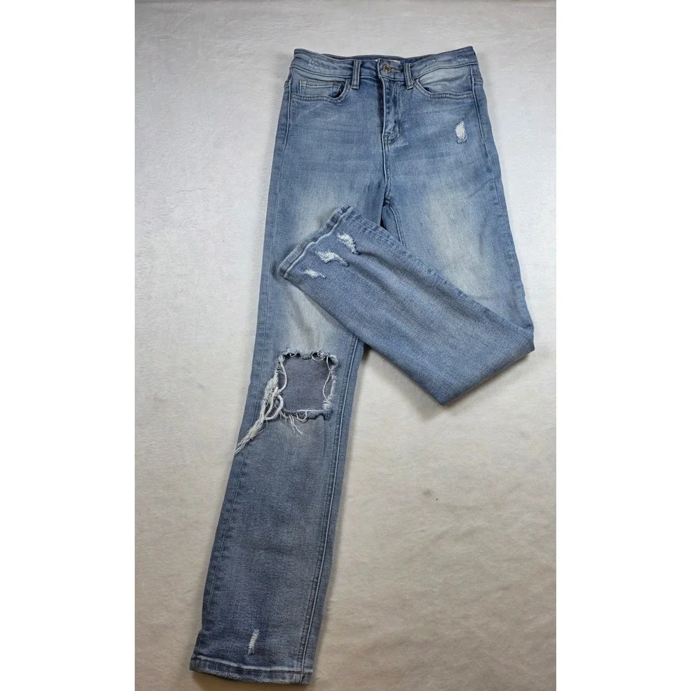Altar'd State Vervet Distressed High Rise Straight Leg‎ Jeans Blue 25 V2218